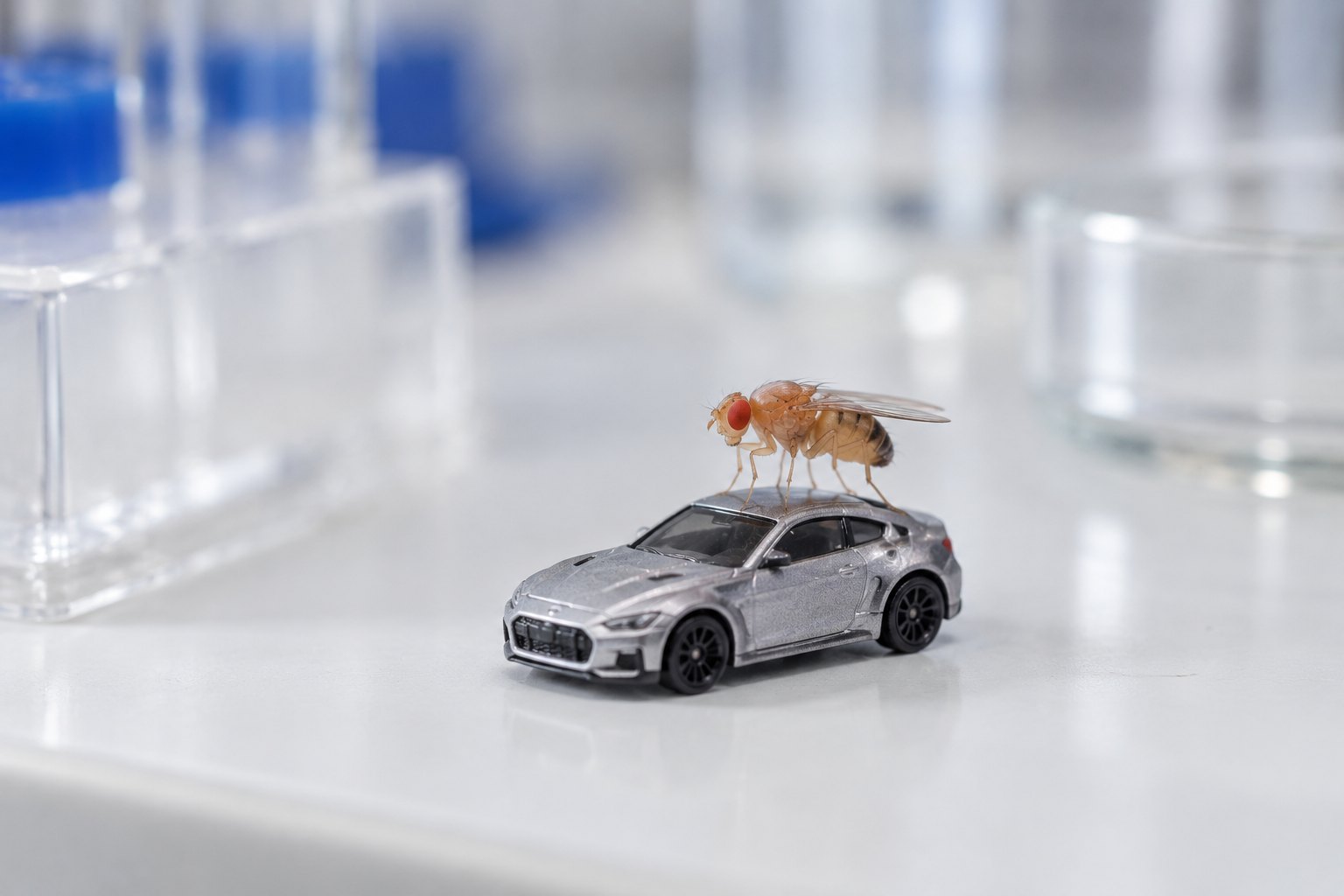 A fruit fly on the roof of a toy car on a white bench