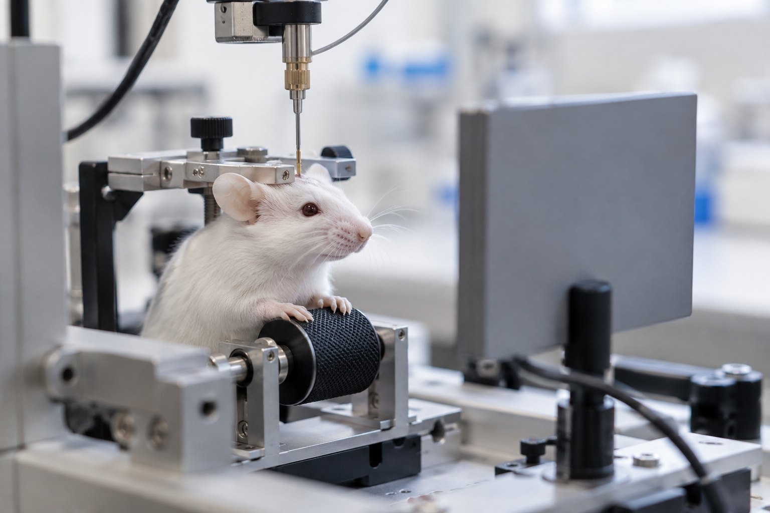 A white mouse at a wheel rig with a screen and an electrode probe