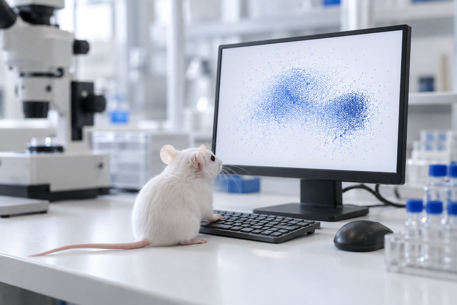 A white mouse on a desk looking at a monitor full of blue dots