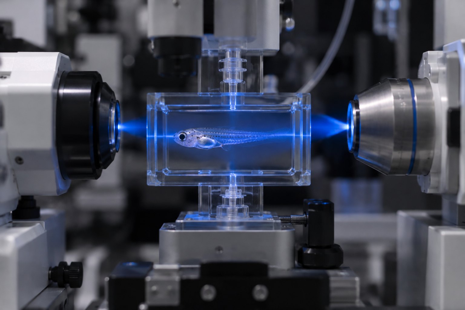 A larval zebrafish in a light-sheet microscope