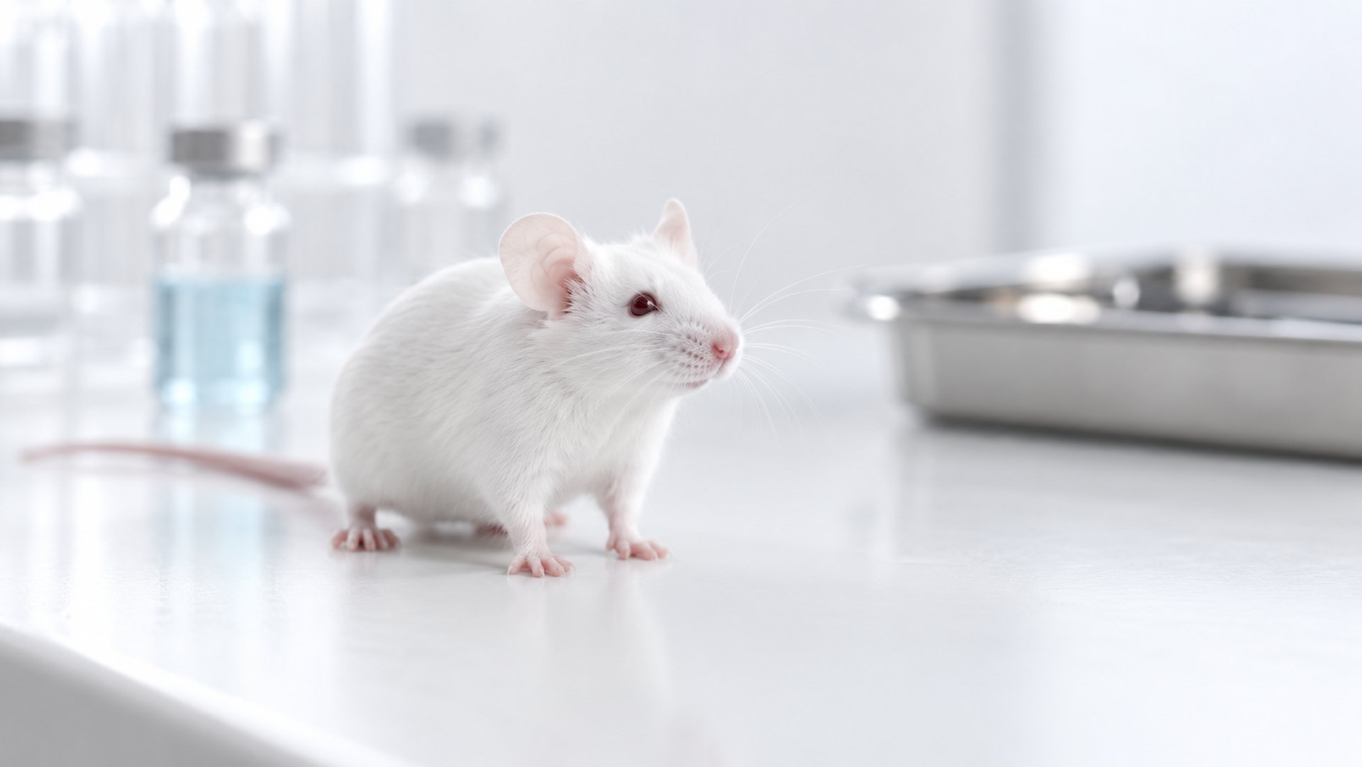 A white laboratory mouse on a clean lab bench