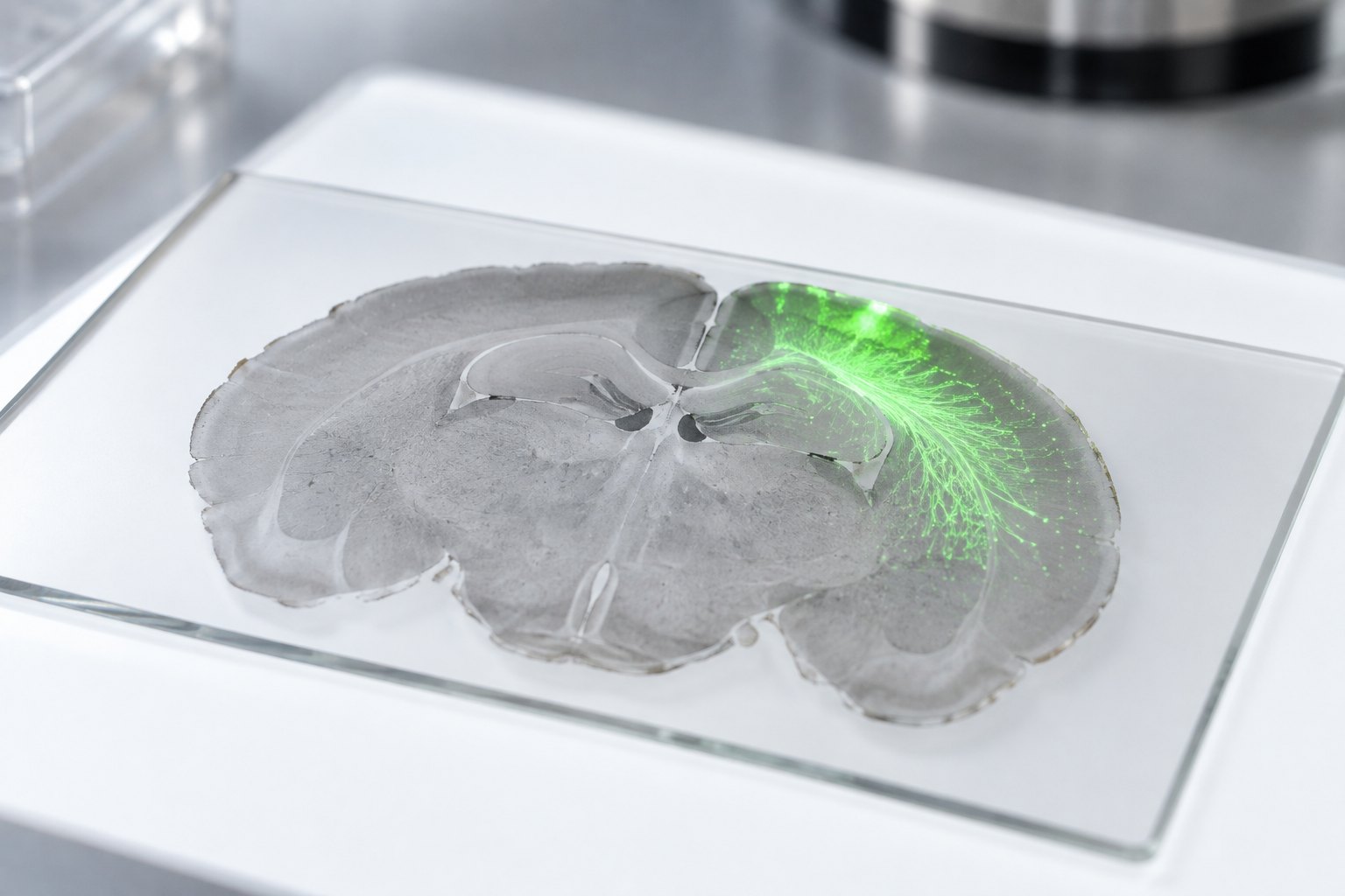 A thin mouse brain slice on a light table with tracer fibres glowing in one region