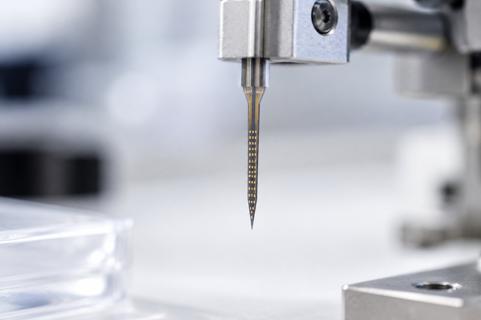 A silicon electrode probe over a mouse at a wheel rig in a white lab