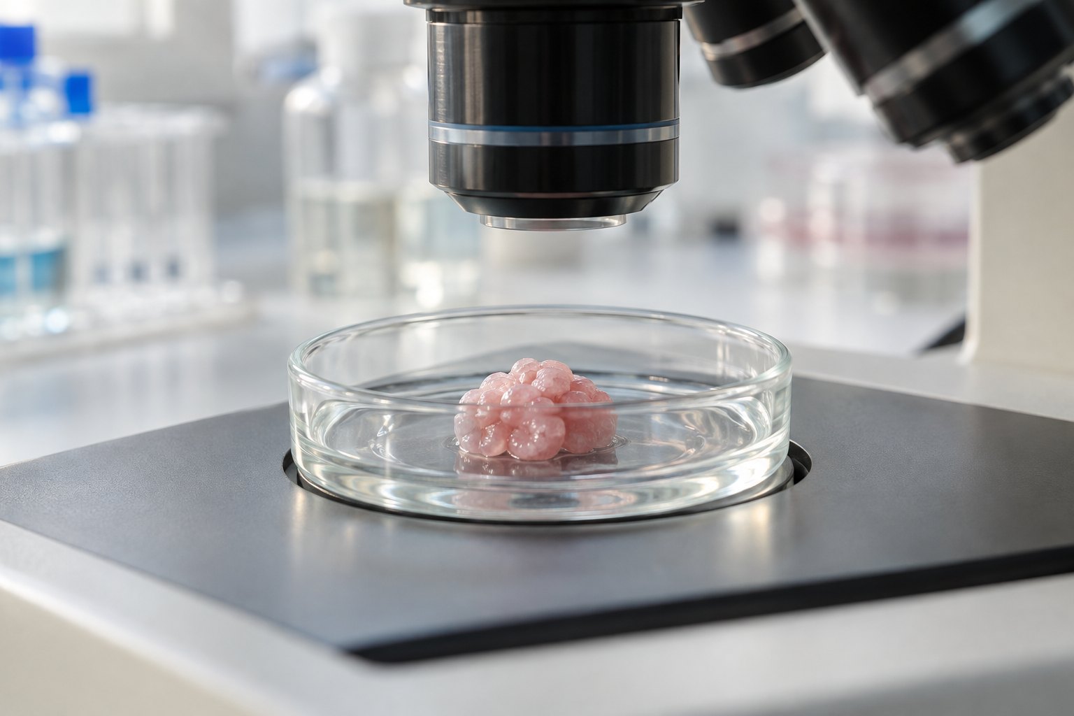 A petri dish holding a small pale cluster of lab-grown brain tissue under a microscope, on a white bench